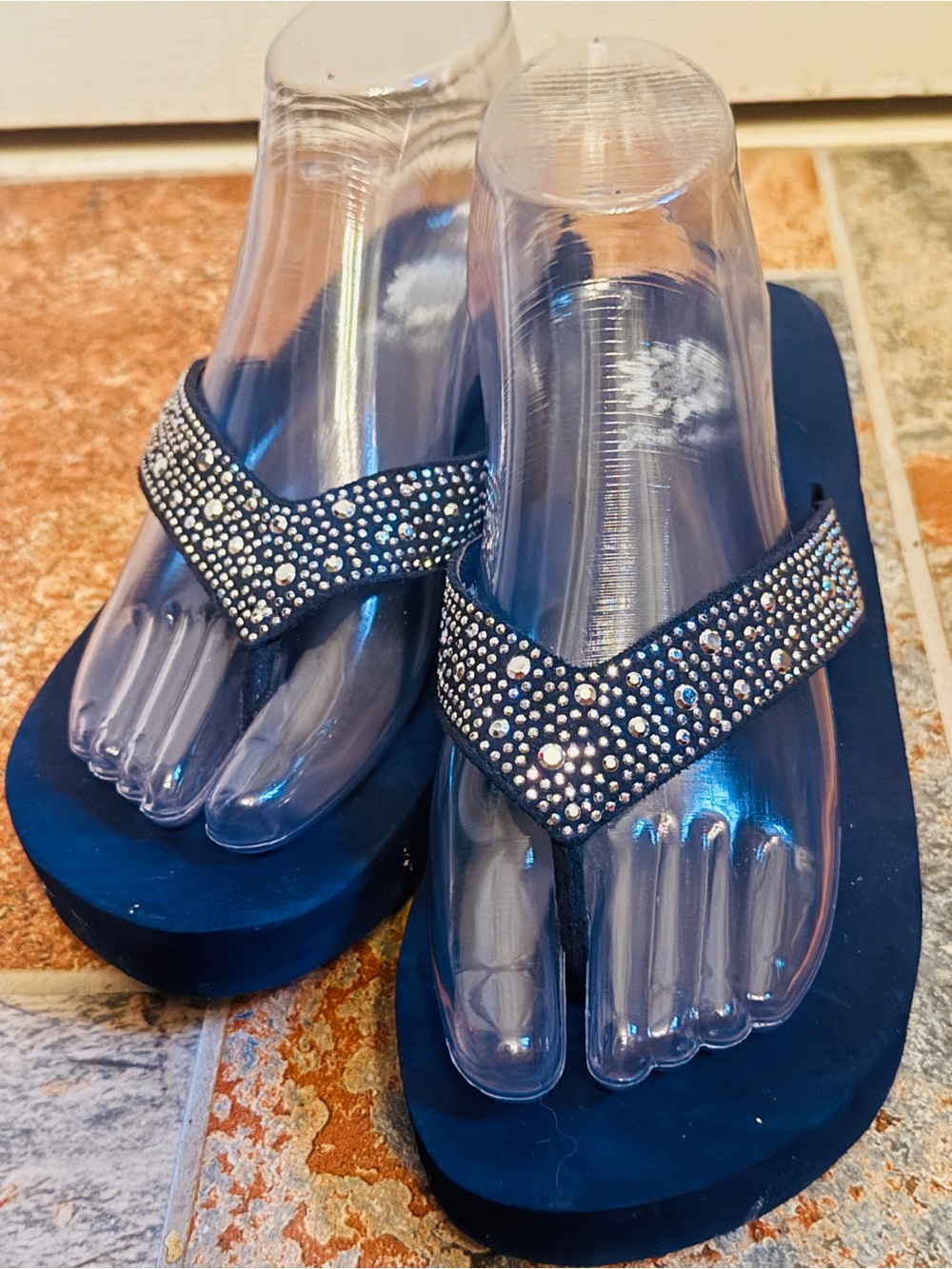 Like New Yellow Box Navy Blue Wedge Rhinestone Sandals!